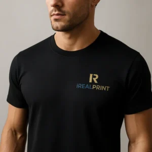 Tricou bărbați negru personalizat iRealPrint cu logo auriu – contrast puternic și eleganță premium prin transfer termic