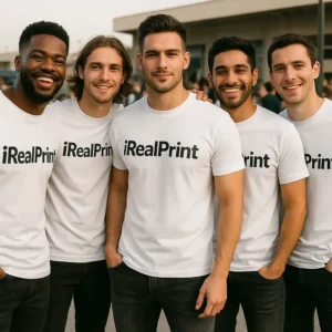 Tricouri bărbați albe personalizate iRealPrint – grup masculin unit, mesaj puternic și identitate vizuală autentică