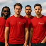 Tricou bărbați personalizat roșu – grup de prieteni în tricouri iRealPrint, mesaj asumat, unitate și stil masculin puternic