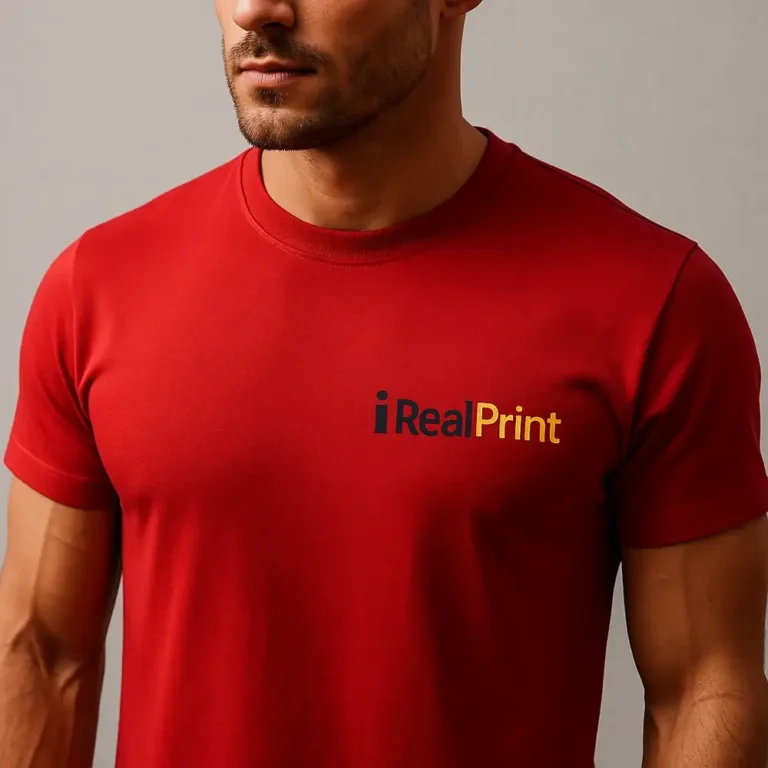 Tricou bărbați personalizat roșu – close-up transfer termic logo iRealPrint, detaliu material premium și claritate vizuală