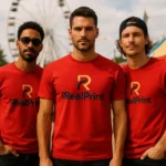Tricou bărbați personalizat roșu – grup masculin, logo iRealPrint vizibil, stil puternic și prezență dominantă