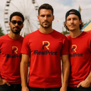 Tricou bărbați personalizat roșu – grup masculin, logo iRealPrint vizibil, stil puternic și prezență dominantă