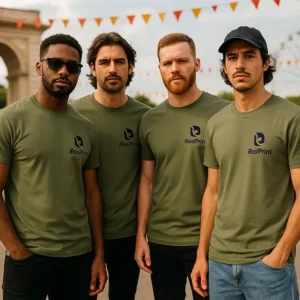 Tricouri bărbați verde militar personalizate – grup masculin, autoritate vizuală, apartenență și mesaj puternic iRealPrint