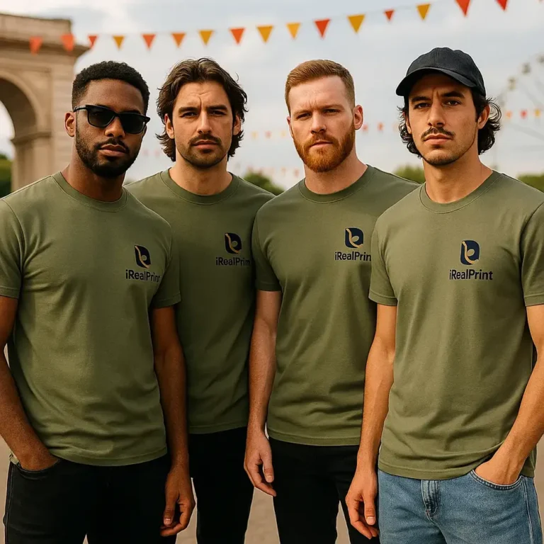 Tricouri bărbați verde militar personalizate – grup masculin, autoritate vizuală, apartenență și mesaj puternic iRealPrint