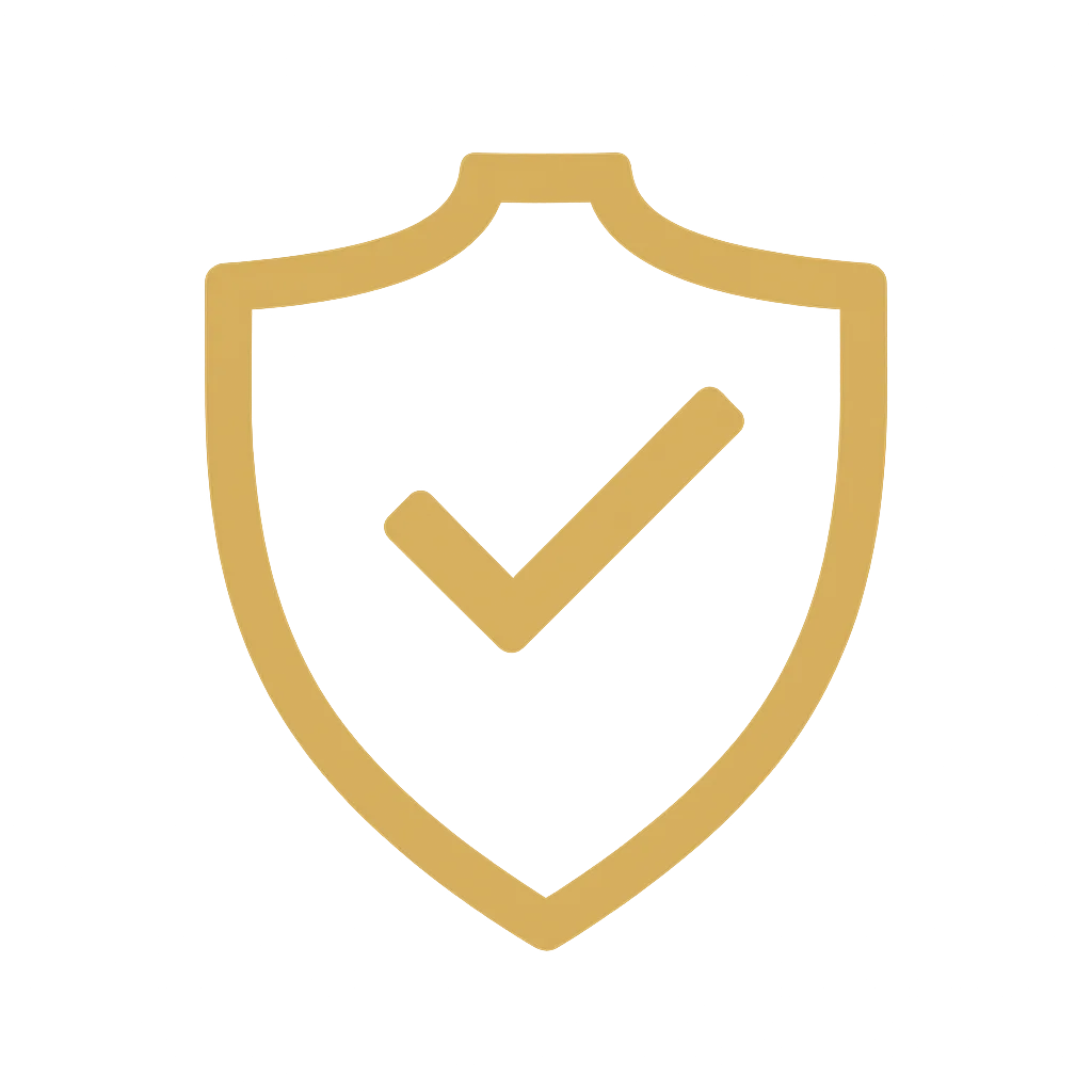 Pictogramă premium iRealPrint – scut auriu cu bifa certificării, simbol al garanției și calității produselor personalizate