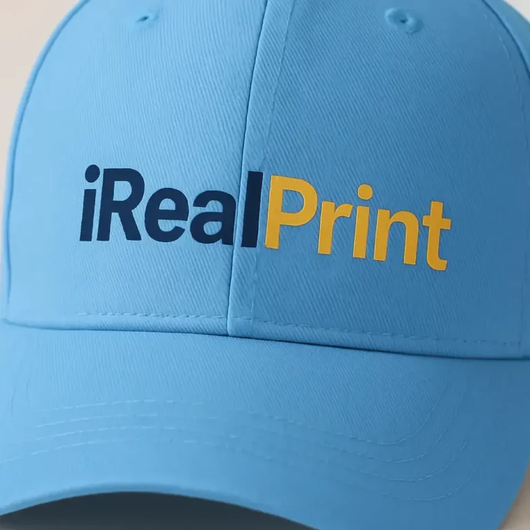 Șapcă albastru marin personalizată cu nume, model purtat de femeie, personalizare iRealPrint vizibilă, design elegant pentru branding sau cadou
