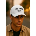 Șapcă personalizată albă – model unisex purtat de bărbat, inscripționată frontal cu text negru „Your Design Here”