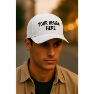 Șapcă personalizată albă – model unisex purtat de bărbat, inscripționată frontal cu text negru „Your Design Here”