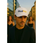 Șapcă personalizată albă – model unisex purtat de bărbat, inscripționată frontal cu logo iRealPrint, stil urban premium