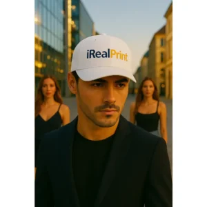 Șapcă personalizată albă – model unisex purtat de bărbat, inscripționată frontal cu logo iRealPrint, stil urban premium