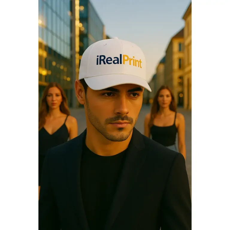 Șapcă personalizată albă – model unisex purtat de bărbat, inscripționată frontal cu logo iRealPrint, stil urban premium
