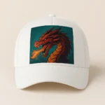 Șapcă albă personalizată cu imprimeu dragon – vedere frontală, design fantasy detaliat, personalizare premium, impact vizual puternic