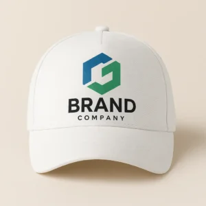 Șapcă albă personalizată cu logo companie – vedere frontală, design corporate profesional, branding vizibil, personalizare premium