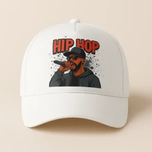 Șapcă albă personalizată cu imprimeu hip hop – vedere frontală, design urban modern, stil streetwear, personalizare premium