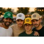 Șepci personalizate – modele alb, verde, galben și bej, fiecare cu text negru „Your Design Here”, purtate de grup de tineri la eveniment urban