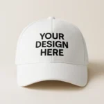 Șapcă albă personalizată cu text negru „Your Design Here” – fundal neutru, model ideal pentru imprimare logo, nume sau mesaj unic