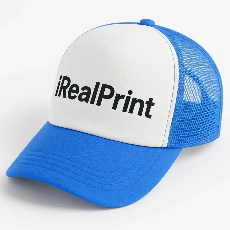 Șapcă albastră inscripționată – model unisex cu față albă personalizată iRealPrint și plasă laterală albastră