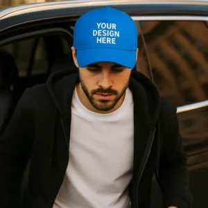 Șapcă personalizată albastră complex – model unisex, fundal albastru intens cu inscripție albă, ideală pentru outfituri casual, branding și evenimente