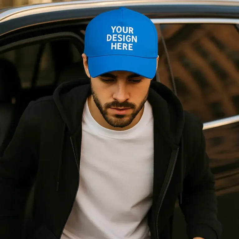 Șapcă personalizată albastră complex – model unisex, fundal albastru intens cu inscripție albă, ideală pentru outfituri casual, branding și evenimente