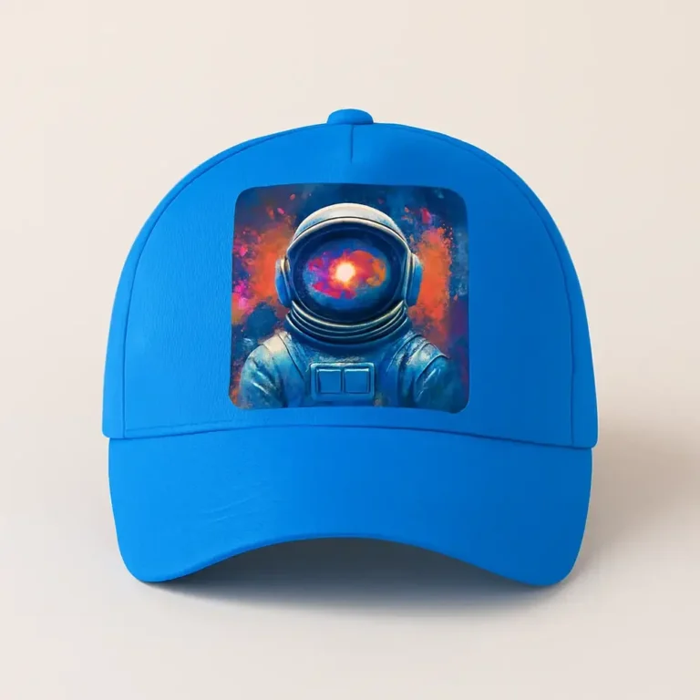 Șapcă albastră personalizată cu imagine astronaut – imprimare foto clară, culori vibrante și stil modern futuristic