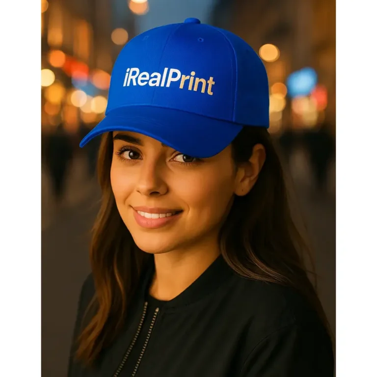 Șapcă albastră personalizată cu nume, model iRealPrint, design modern și clar, ideală pentru echipe și cadouri premium