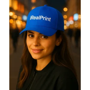 Șapcă albastră personalizată cu nume, inscripționată iRealPrint, stil modern și versatil, perfectă pentru echipe și cadouri