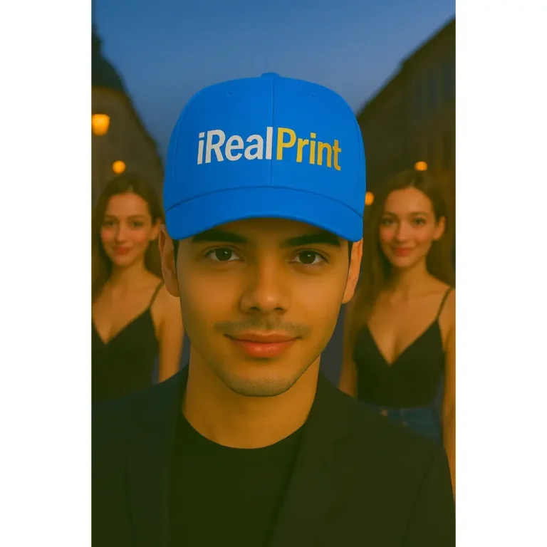 Șapcă personalizată albastră – model premium iRealPrint, fundal albastru vibrant cu logo imprimat, stil modern pentru branding și evenimente