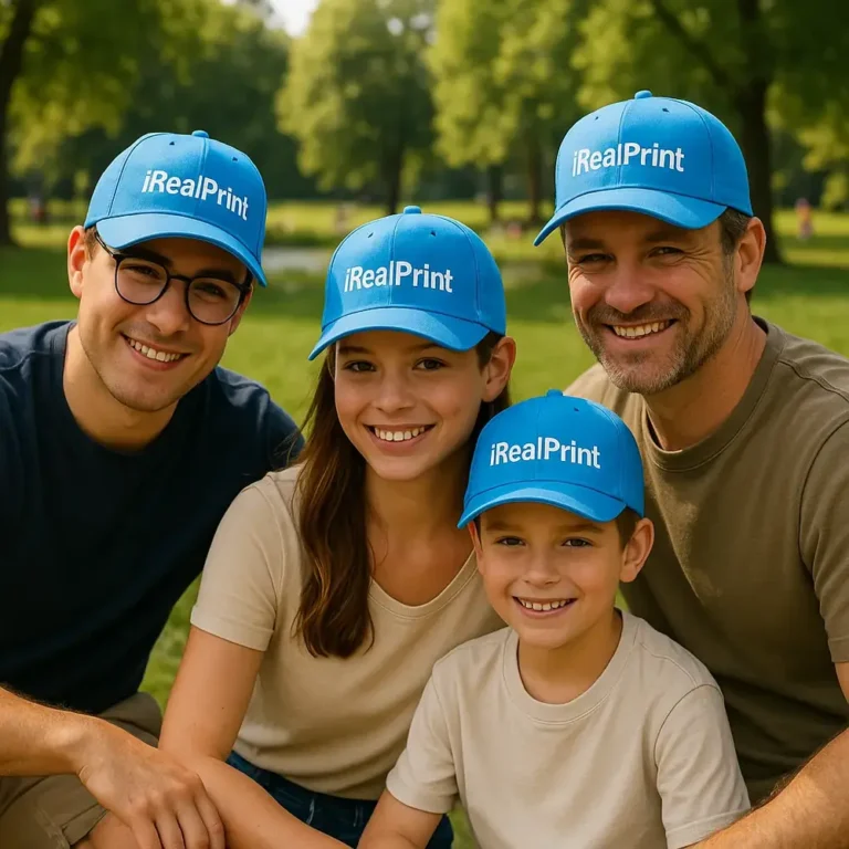 Șapcă albastru marin personalizată cu nume și logo iRealPrint, purtată de familie în parc – model unisex, ajustabil, perfect pentru echipe și cadouri