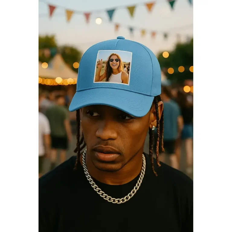 Șapcă albastru marin personalizată cu poză la festival – model unisex, imprimeu clar pe fundal navy elegant