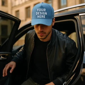 Șapcă albastru marin personalizată purtată de bărbat la ieșirea din mașină – stil premium, branding elegant