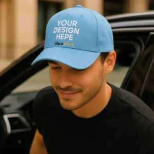 Șapcă personalizată albastru marin purtată de bărbat – design premium iRealPrint, ideal pentru branding elegant