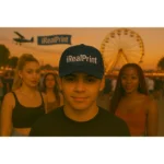 Șapcă personalizată albastru navy – vibe de festival cu logo iRealPrint, personalizare prin transfer termic, contrast premium pentru branding vizibil