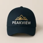 Șapcă albastru navy personalizată cu logo companie – vedere frontală, design montan auriu, contrast elegant, branding corporate premium prin transfer termic