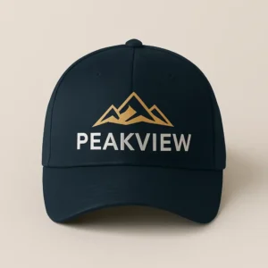 Șapcă albastru navy personalizată cu logo companie – vedere frontală, design montan auriu, contrast elegant, branding corporate premium prin transfer termic