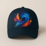 Șapcă albastru navy personalizată cu imprimeu abstract multicolor – vedere frontală, contrast vibrant pe fundal închis, personalizare premium prin transfer termic full color