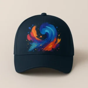 Șapcă albastru navy personalizată cu imprimeu abstract multicolor – vedere frontală, contrast vibrant pe fundal închis, personalizare premium prin transfer termic full color