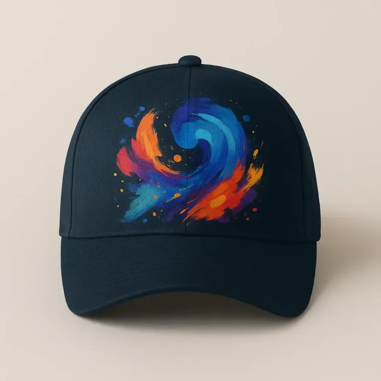 Șapcă albastru navy personalizată cu imprimeu abstract multicolor – vedere frontală, contrast vibrant pe fundal închis, personalizare premium prin transfer termic full color