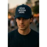 Șapcă personalizată albastru navy – model masculin urban, text alb vizibil pe fundal închis, personalizare prin transfer termic de precizie