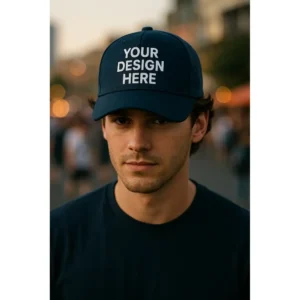 Șapcă personalizată albastru navy – model masculin urban, text alb vizibil pe fundal închis, personalizare prin transfer termic de precizie