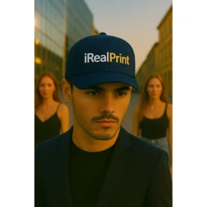 Șapcă personalizată albastru navy – logo iRealPrint alb și auriu, stil business premium, personalizare prin transfer termic de înaltă precizie