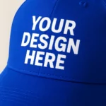 Șapcă personalizată albastru regal – prim-plan pe detaliile de personalizare, contrast puternic cu alb pentru vizibilitate maximă