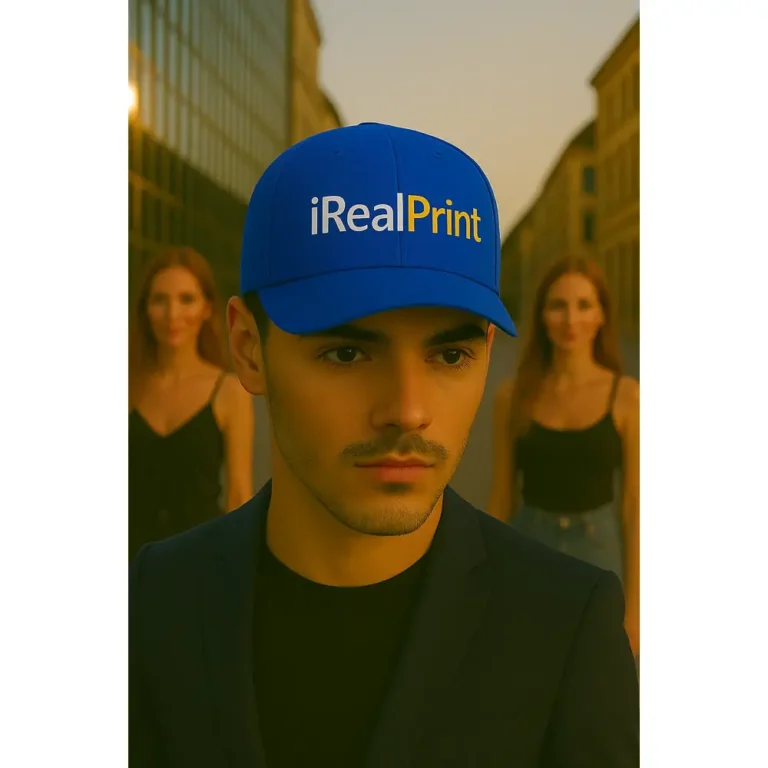 Șapcă personalizată albastru regal – model elegant purtând design iRealPrint, fundal urban, contrast premium pentru branding exclusivist