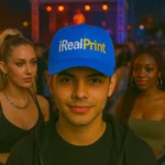 Șapcă personalizată albastru regal – model iRealPrint purtat la festival de noapte, design vizibil și contrast vibrant pentru branding premium