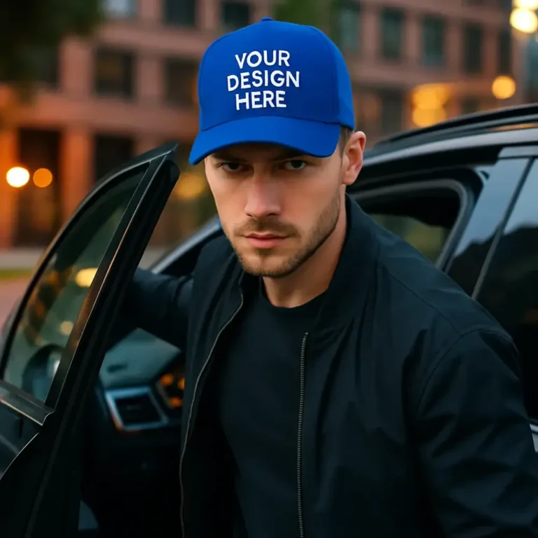 Șapcă personalizată albastru regal – accesoriu premium pentru bărbați, fundal elegant pentru logo-uri contrastante, perfect pentru branding și stil urban