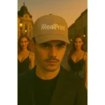 Șapcă crem personalizată iRealPrint – model premium pentru bărbați, fundal neutru și logo alb-auriu, stil elegant de stradă, seară urbană