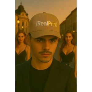 Șapcă crem personalizată iRealPrint – model premium pentru bărbați, fundal neutru și logo alb-auriu, stil elegant de stradă, seară urbană