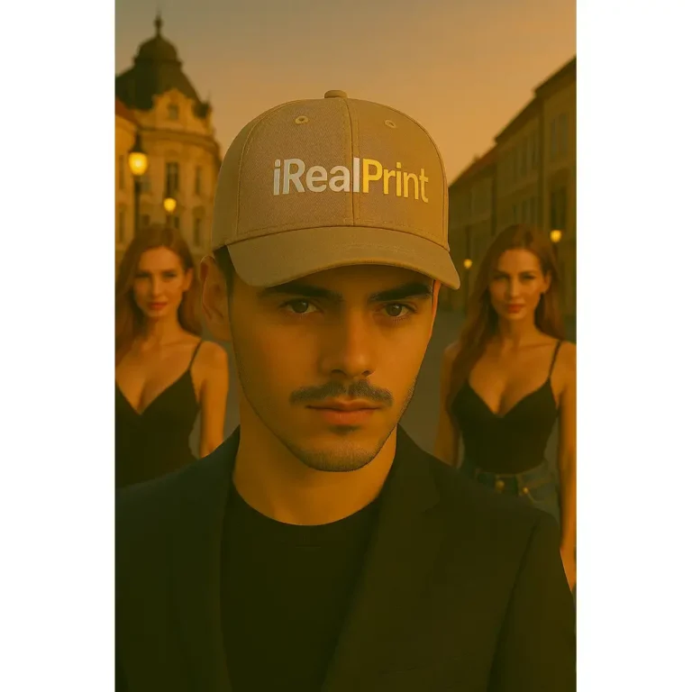 Șapcă crem personalizată iRealPrint – model premium pentru bărbați, fundal neutru și logo alb-auriu, stil elegant de stradă, seară urbană