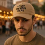 Șapcă crem personalizată – model unisex purtat în oraș, fundal deschis și text negru contrastant, ideală pentru branding vizibil și modern