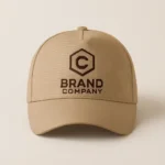 Șapcă crem personalizată cu logo brand – design elegant imprimat pe fundal crem, ideal pentru companii și branding vizibil