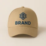 Șapcă crem personalizată cu logo companie – design corporate imprimat prin transfer termic, fundal crem elegant pentru branding vizibil
